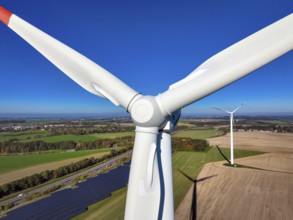 Glauchau, Saxony, Germany, Wind turbines, wind farm and solar farm on the A4 motorway near