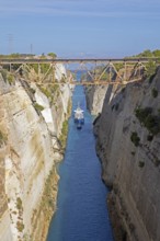 Ship sailing through the Corinth Canal, Peloponnese, Isthmus of Corinth, Greece, Europe