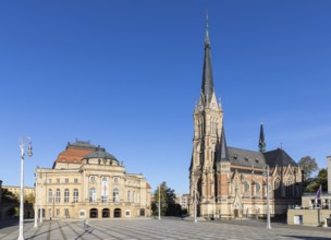 Opera House and St Peter's Church on Theatre Square in Chemnitz, Saxony, Germany, Europe