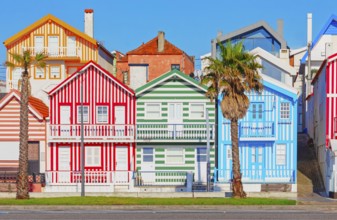 Traditional wooden striped houses, Costa Nova do Prado, Aveiro, Portugal, Europe