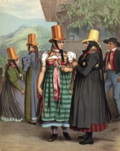 Traditional costumes in Germany around 1820, Baden, Prechtal, group of woman and a man in