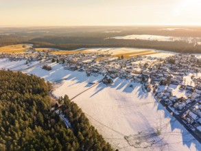 Small village at the edge of the forest, covered in snow, under a clear evening sky with long