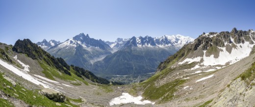 Mountain panorama, mountain landscape with mountain peaks Grandes Jorasses, Aiguille Verte and Mont