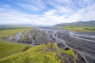 View from a hill, view over alluvial land, meandering river, Dímonarhellir, Suðurland, Iceland,