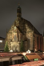 Church of Our Lady, parish church of Our Lady, Gothic, night view, main market, Nuremberg, Middle