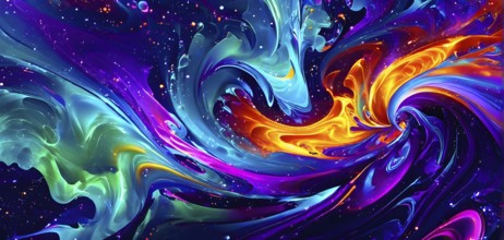 Dynamic abstract background with swirling liquid patterns and colorful light refraction, creating a