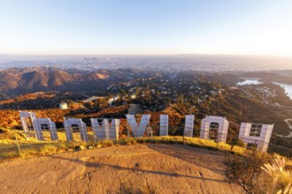 Hollywood Sign sign on Mount Lee with a view of Los Angeles, USA, North America