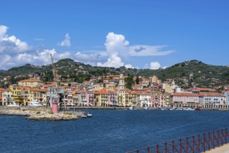 View from the Long Pier of the picturesque row of houses on the harbour in the Oneglia district of