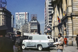 Police on the street on the day of President Kennedy's visit, Bogota, Colombia, South America, 12