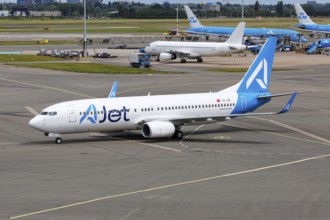 An AJet Boeing 737-800 aircraft with the registration TC-JFF at Schiphol Airport in Amsterdam,