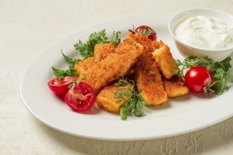 Fried fish nuggets, with white sauce, arugula and cherry, no people