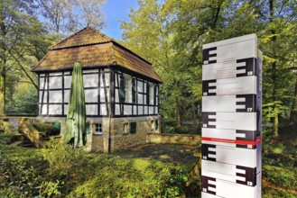 Lippholthausen Castle Mill with information board of the Lüner Lippeaue adventure centre, Lünen,