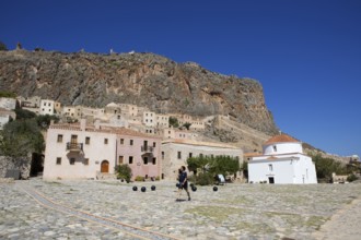 Square in the lower town of the Byzantine castle town of Monemvassia, Monemwassia, Monembasia,