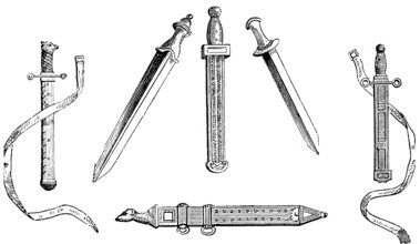 Valuable Roman swords with fine ornamentation from various periods, hilt with animal head, belt,