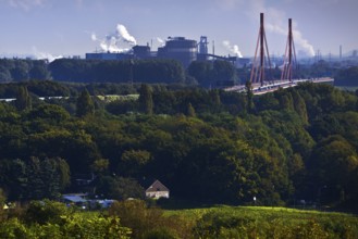 View from the Rheinpreussen spoil tip in Moers to the ThyssenKrupp plant with the bridge of the A