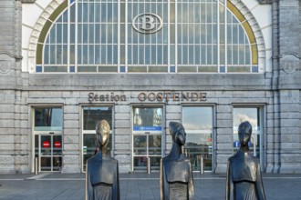 Sculpture group Fisherman's Wives at entrance of the Oostende railway station in the city Ostend,