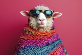 Cool sheep with sunglasses and knitted sweater in front of pink background. Generative Ai, AI