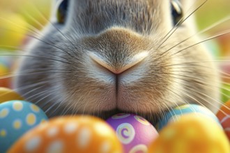 Cute close up of bunny nose surrounded by colorful Easter eggs. Generative Ai, AI generated