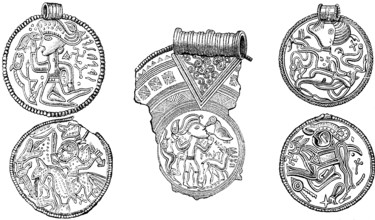 Bracteates, old coins or medals that were exchanged as valuables, made of wood or metal, Germanic