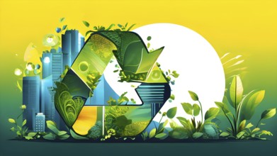 Recycling symbol morphing into growing plants and solar cells to symbolize the transformation of