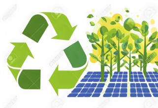 Recycling symbol morphing into growing plants and solar cells to symbolize the transformation of