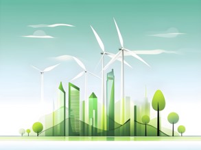 Abstract visual illustration of a city skyline where buildings morph into wind turbines and trees,