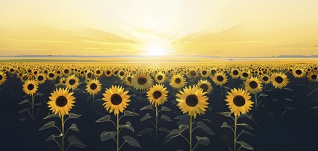 Abstract illustration of a field of sunflowers backlight with beautiful sunrise, AI generated