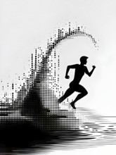 Wave of data points shaping into a runners silhouette, abstract illustration in black and white,