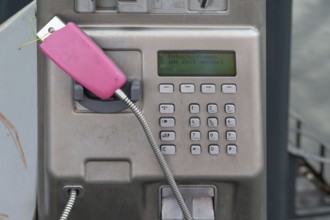 Vandalism, Destroyed public telephone of Deutsche Telekom, Bavaria, Germany, Europe