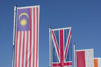 Several flags of different countries fly side by side under a clear blue sky, Malaysian flag,