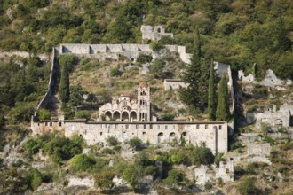 Exterior view of the Byzantine Orthodox monastery of Pantanassa, ruined city of Mystras or Mistra