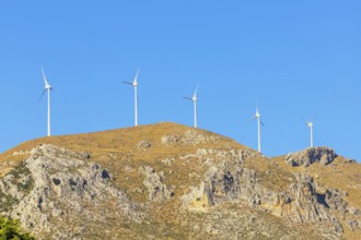 Wind turbines generating electricity, Kerames, Rethymno, Southern Crete, Crete, Greek Islands,