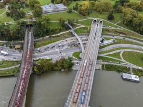 Load test on the Neckar Bridge, aerial view. Due to the unusual design, dimensional checks are