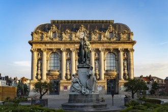 Statue of Joseph Marie Charles or Jacquard and the theatre of Calais, France, Europe