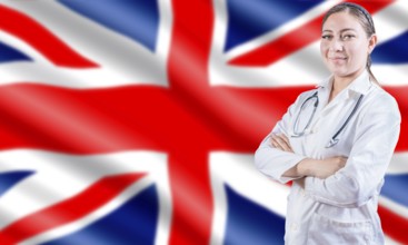 Female doctor on UK flag. Doctor with crossed arms on UK flag. UK Health and Care concept