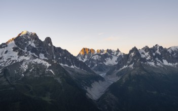 Morning atmosphere, mountain landscape at sunrise, mountain peaks, Aiguille Verte and Grandes