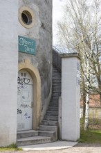 Outside staircase of the Albertturm, observation tower on the Collm, Wermsdorf, Saxony, Germany,