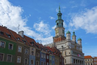 Town Hall surrounded by colourful houses under a sunny sky, Town Hall, Market Square, Poznan,