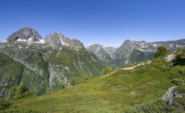 Mountain panorama with peaks Aiguille de Mesure and Aiguille de Chamois, Mont Bues and Pointe de la