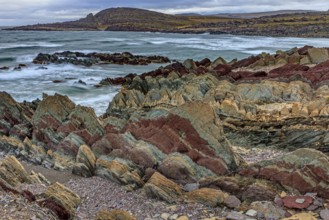 Colourful rocks, rock, coast, sea, waves, cloudy, Varanger Peninsula, Norway, Europe