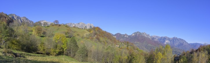 Autumn colours with a view towards the mountain range with Refugio Achille Papa, Piccolo Dolomiti,