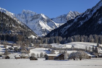 Winter landscape in the snow, mountains of the Allgäu Alps in the background, Oberstdorf,