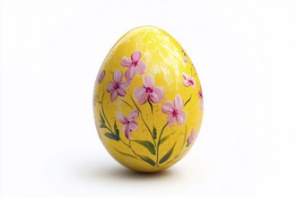 Yellow Easter egg painted with beautiful pink flowers on white background. Generative Ai, AI