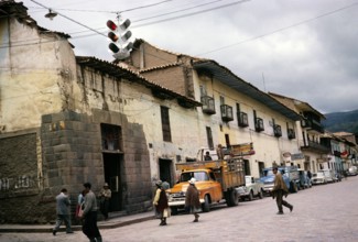 Street scene with traffic and people, Cuzco, Peru, South America 1962, South America