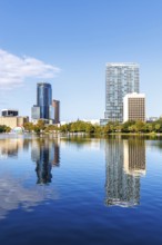 Skyline at Lake Eola Park Lake Downtown in autumn in Florida, Orlando, USA, North America