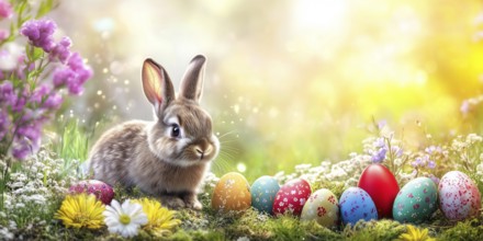 Easter bunny with Easter eggs for Easter in spring Greeting card panorama with text free space