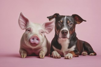 Farm pig and dog next to each other in front of pink background. Generative AI, AI generated