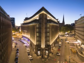 Aerial view of the Kontorhaus Chilehaus in Hamburg's Kontorhaus district at the blue hour, Hamburg,