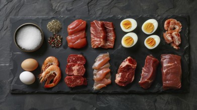 All meat, fish and eggs platter overhead. generative AI, AI generated