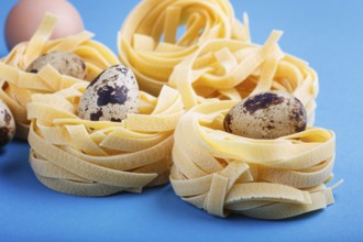 Raw uncooked tagliatelle pasta with quail eggs on a blue pastel background. side view, close up